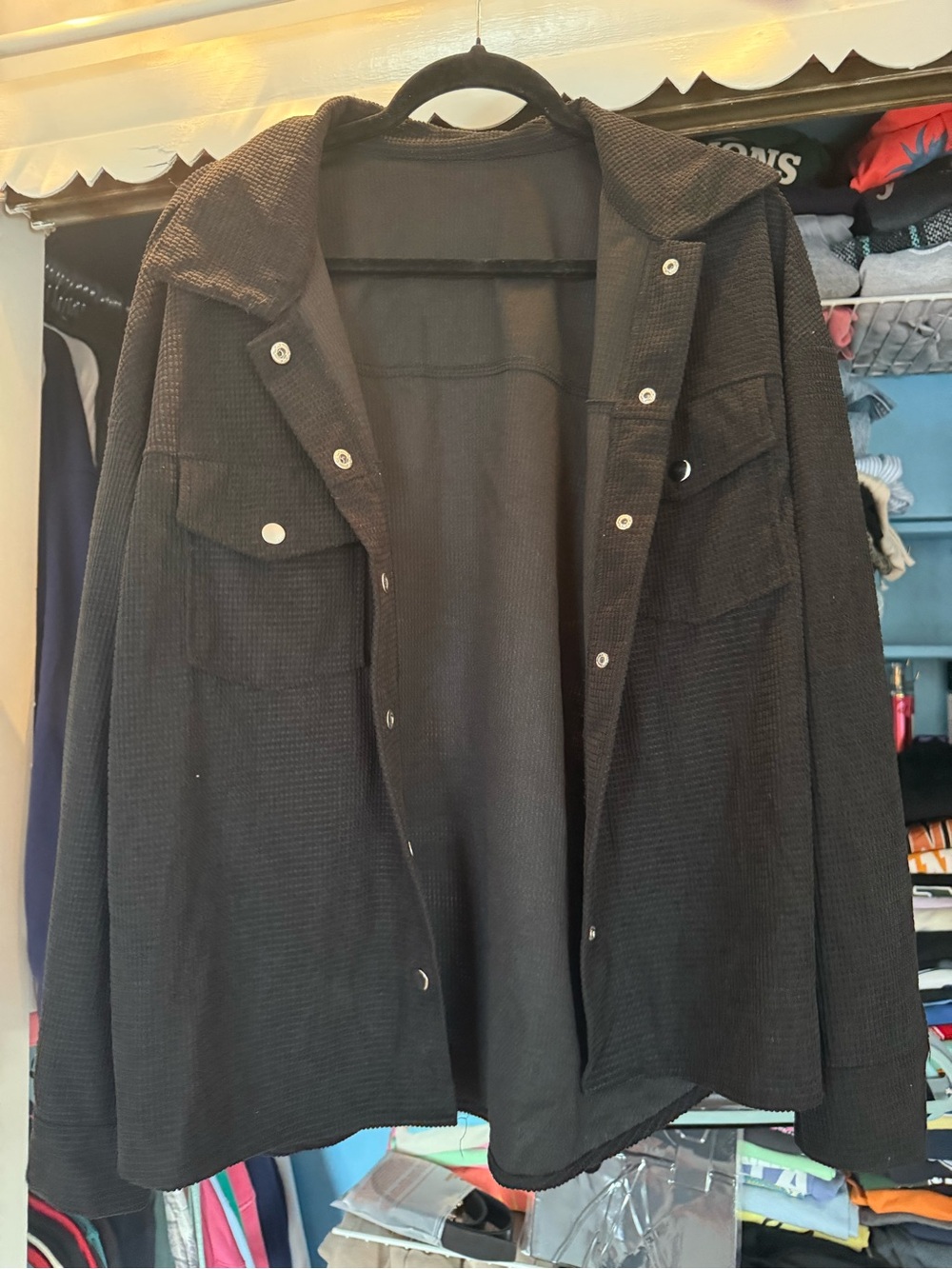 Womens Black Waffle Knit Button-Front Jacket